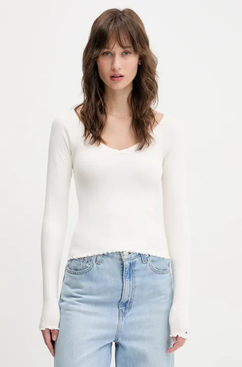 Majica dugih rukava Tommy Jeans boja: bež, DW0DW20236