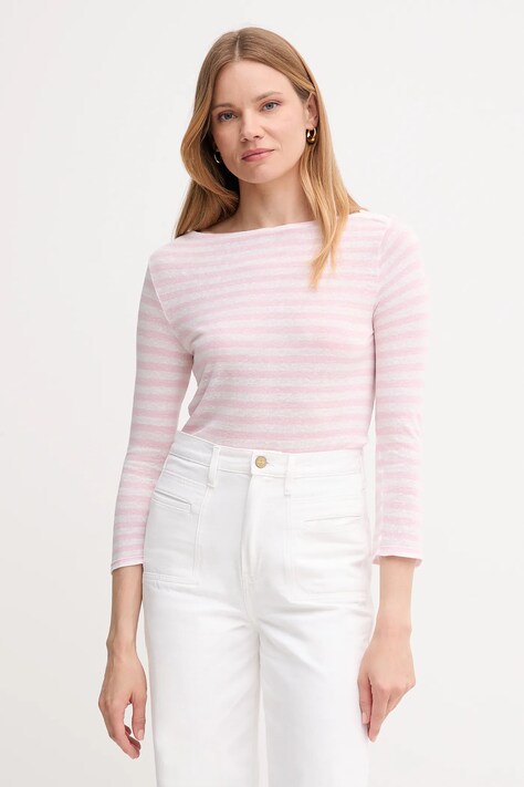 United Colors of Benetton longsleeve z domieszką lnu kolor różowy 38O0D109X