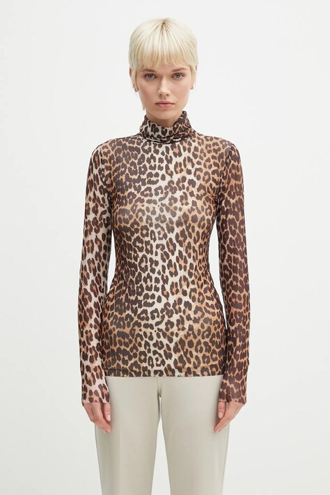Bluza GANNI Printed Mesh za žene, boja: smeđa, s uzorkom, T4122
