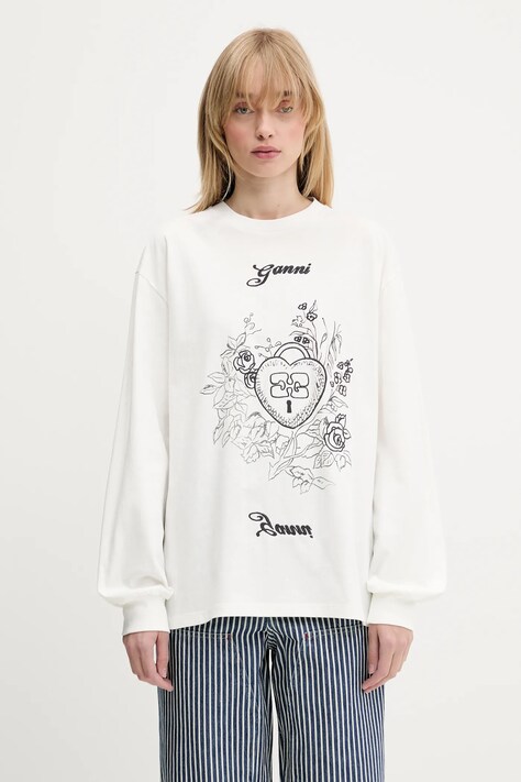 GANNI longsleeve bawełniany Re-cut Heavy Jersey Charm kolor biały T4139