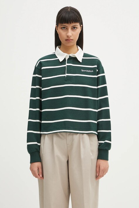 Хлопковая кофта Sporty & Rich Serif Logo Cropped Rugby Polo цвет зелёный узор ST008606300GR51