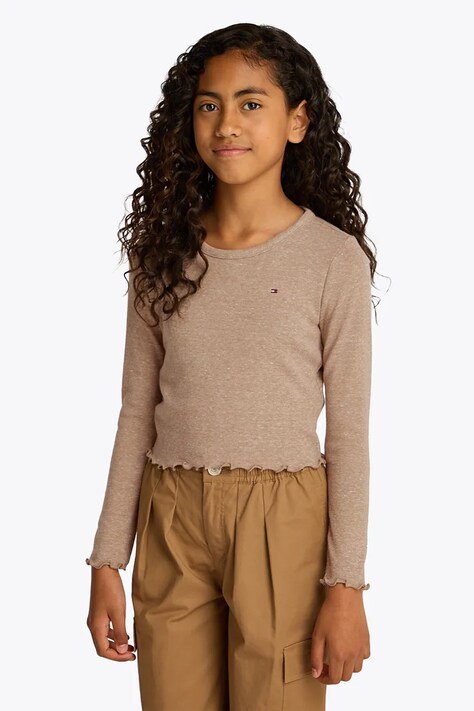 Dětské tričko s dlouhým rukávem Tommy Hilfiger hnědá barva, KG0KG08299