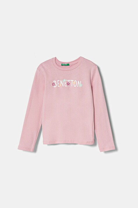 Dětské bavlněné tričko s dlouhým rukávem United Colors of Benetton růžová barva, 3I9WG10HV