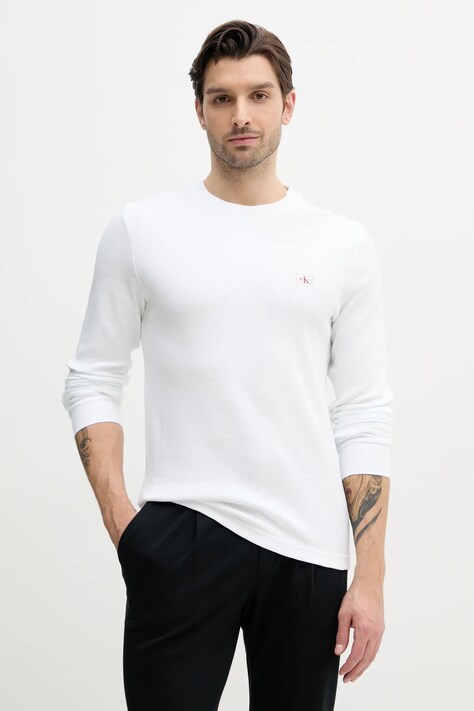 Calvin Klein Jeans longsleeve din bumbac culoarea alb, neted, J30J327117