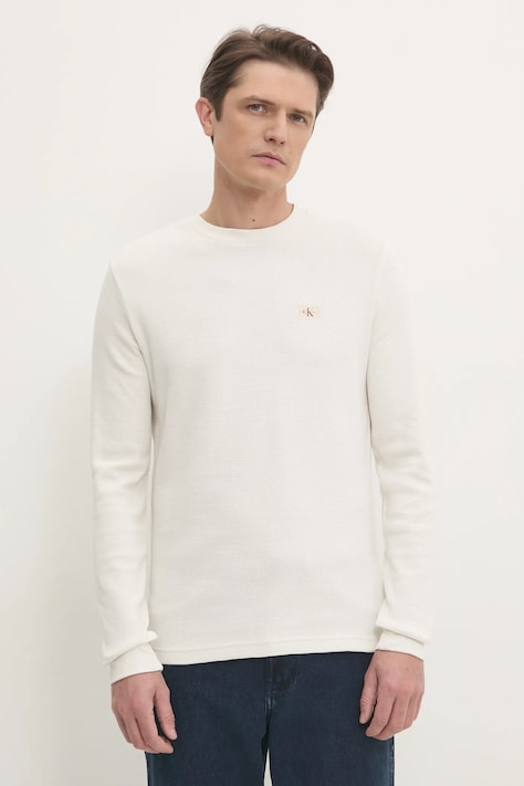 Bavlněné tričko s dlouhým rukávem Calvin Klein Jeans béžová barva, J30J327117