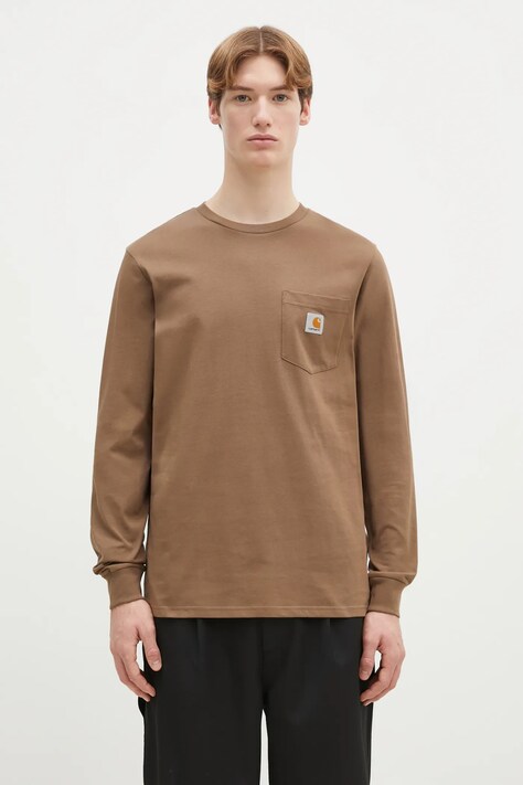 Памучна блуза с дълги ръкави Carhartt WIP Longsleeve Pocket в кафяво с изчистен дизайн I030437.2LTXX