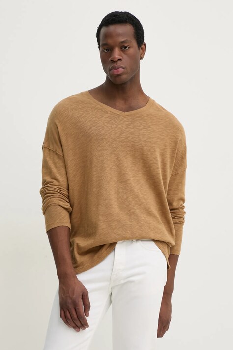 American Vintage longsleeve din bumbac culoarea maro, neted, MSON02FGE25