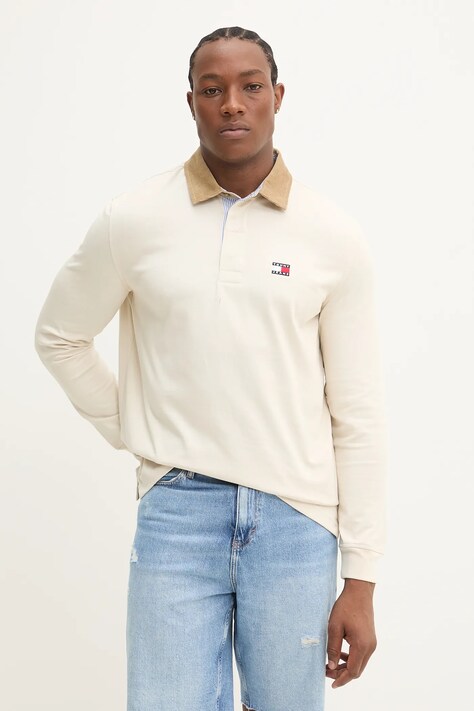 Tommy Jeans longsleeve din bumbac culoarea bej, uni, DM0DM20913