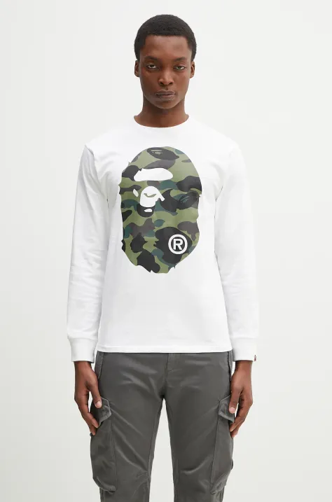 A Bathing Ape longsleeve bawełniany 1St Camo Big Ape Head kolor biały z nadrukiem 1K80111018