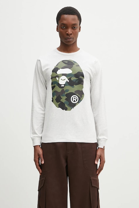 Хлопковый лонгслив A Bathing Ape 1St Camo Big Ape Head цвет серый с принтом 1K80111018