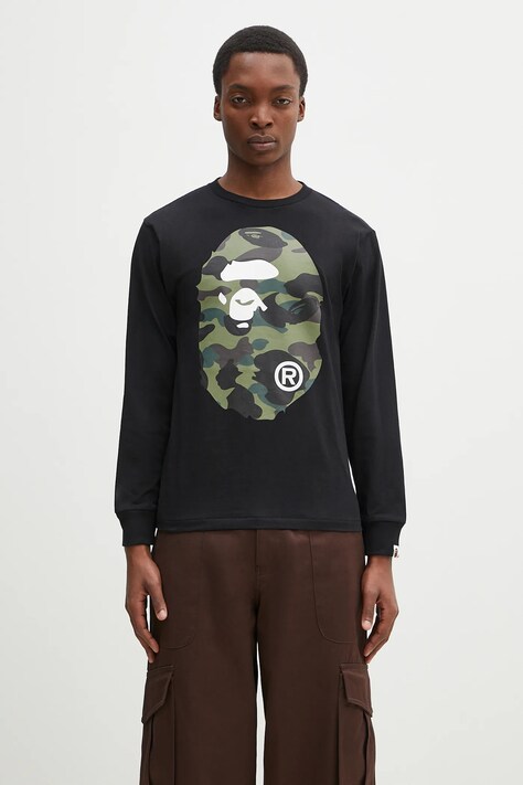 Хлопковый лонгслив A Bathing Ape 1St Camo Big Ape Head цвет чёрный с принтом 1K80111018