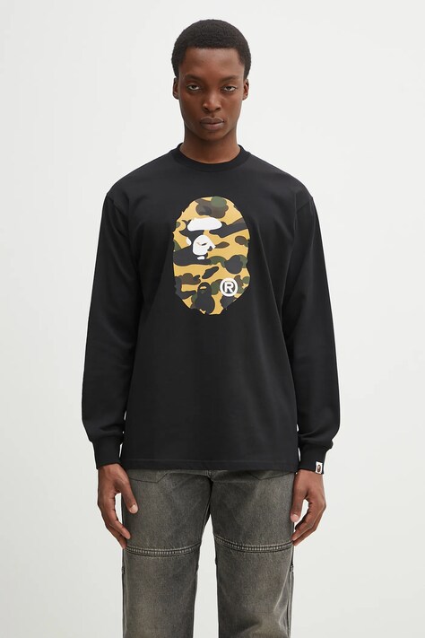 Bavlněné tričko s dlouhým rukávem A Bathing Ape 1St Camo Ape Head černá barva, s potiskem, 1L30111308
