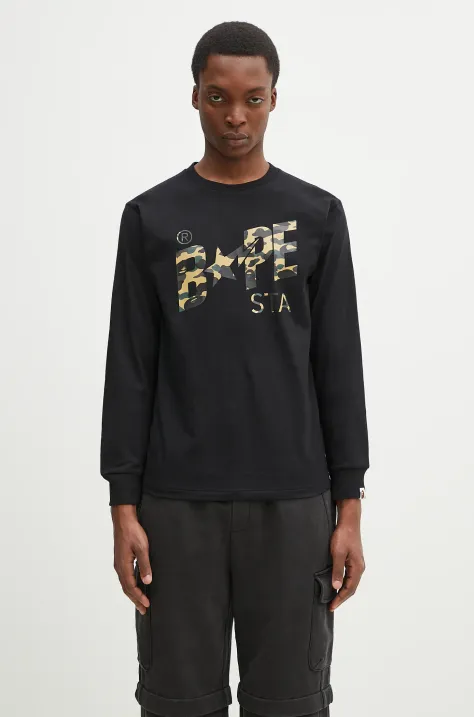 Памучна блуза с дълги ръкави A Bathing Ape 1St Camo Bape STA в черно с принт 1L30111016