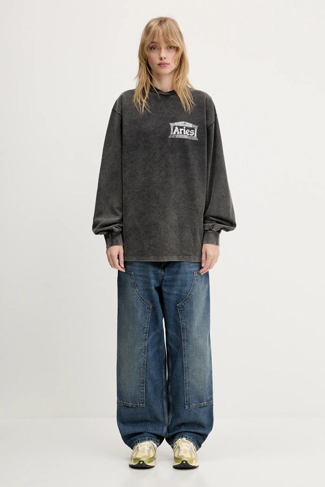 Aries longsleeve bawełniany Aged Ancient Temple LS Tee kolor czarny z nadrukiem AR6014103