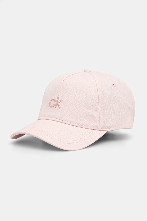 Lněná kšiltovka Calvin Klein růžová barva, s aplikací, K60K613118