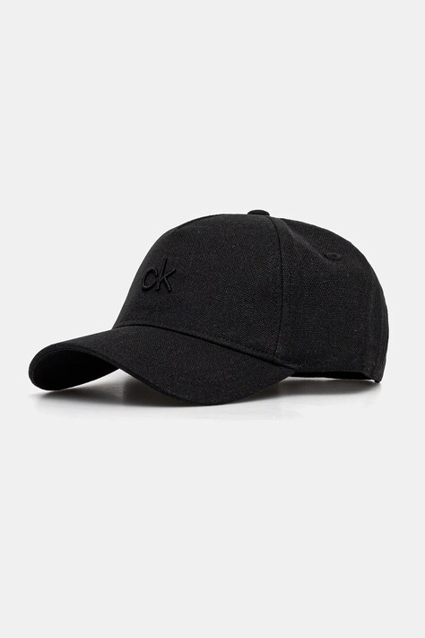 Lněná kšiltovka Calvin Klein černá barva, s aplikací, K60K613118