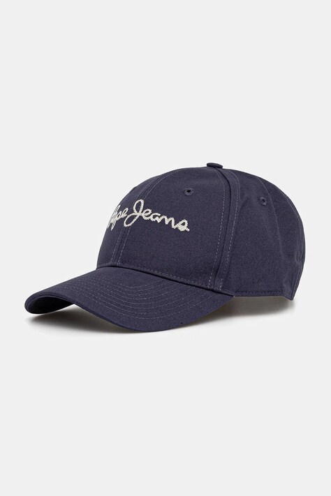 Памучна шапка с козирка Pepe Jeans MALLON CAP в тъмносиньо с апликация PM040567