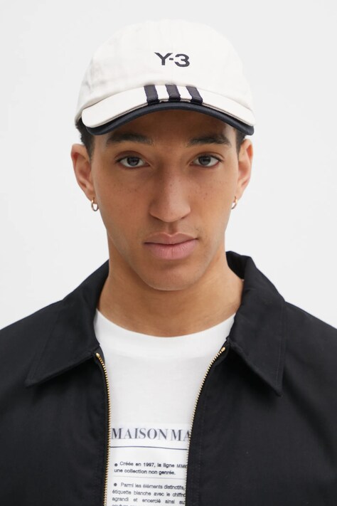 Y-3 czapka z daszkiem bawełniana Stripes Double Brim Cap kolor beżowy z aplikacją JM9041