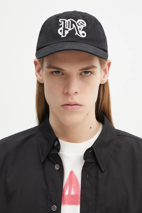 Памучна шапка с козирка Palm Angels Monogram в черно с апликация PMLB094C99FAB0021001
