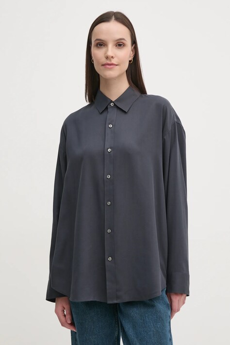Calvin Klein Jeans cămașă femei, culoarea gri, cu guler clasic, relaxed, J20J224860