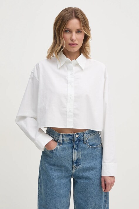 Calvin Klein Jeans camasa din bumbac femei, culoarea bej, cu guler clasic, relaxed, J20J225079