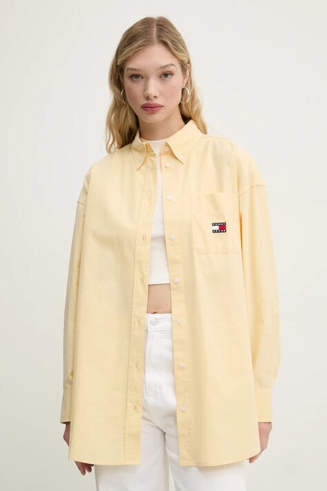 Tommy Jeans camasa din bumbac femei, culoarea galben, cu guler clasic, relaxed, DW0DW19357