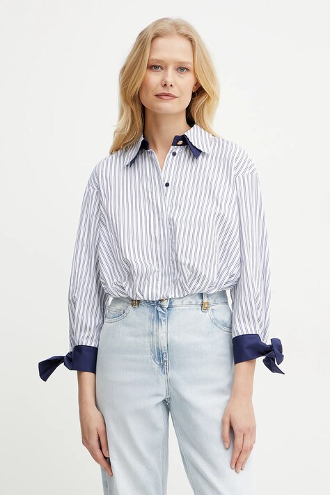 Elisabetta Franchi camasa din bumbac femei, culoarea alb, cu guler clasic, relaxed, CA09451E2