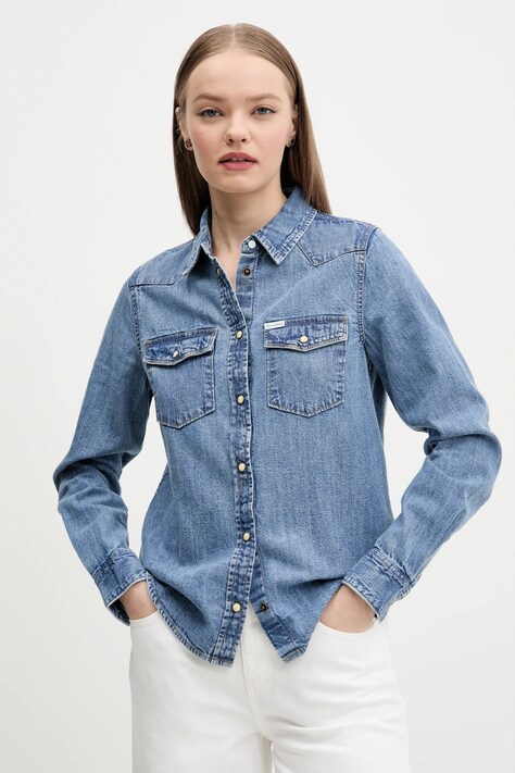 Guess Jeans camasa jeans femei, cu guler clasic, slim, W5RH35 D5M81