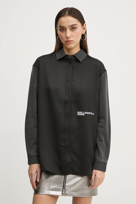 Karl Lagerfeld Jeans camasa femei, culoarea negru, cu guler clasic, relaxed, A1W11012