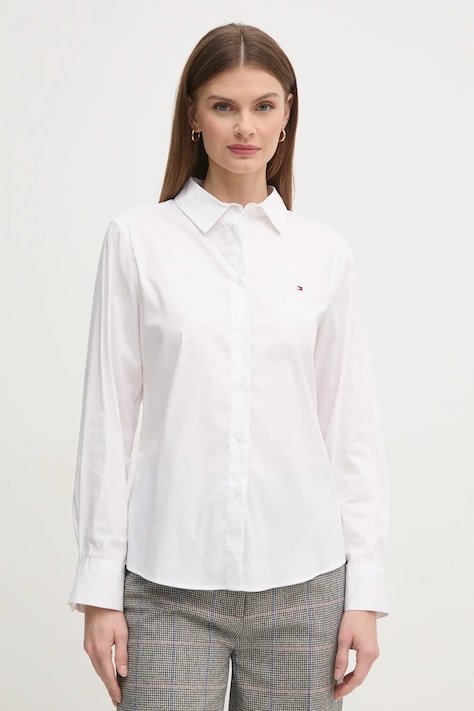 Риза Tommy Hilfiger дамска в бяло със стандартна кройка с класическа яка WW0WW44084