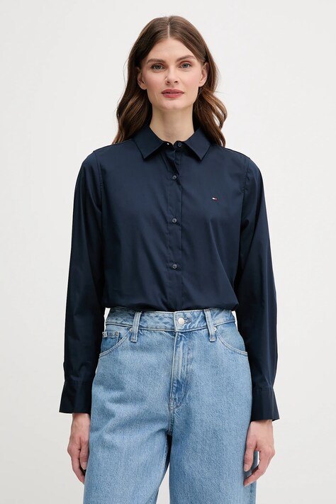 Košile Tommy Hilfiger dámská, tmavomodrá barva, regular, s klasickým límcem, WW0WW44084