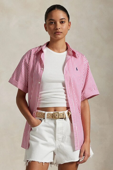 Polo Ralph Lauren camasa din bumbac femei, culoarea alb, cu guler clasic, relaxed, 211968224
