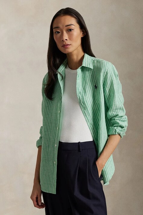 Льняная рубашка Polo Ralph Lauren женская цвет зелёный regular классический воротник 211970691
