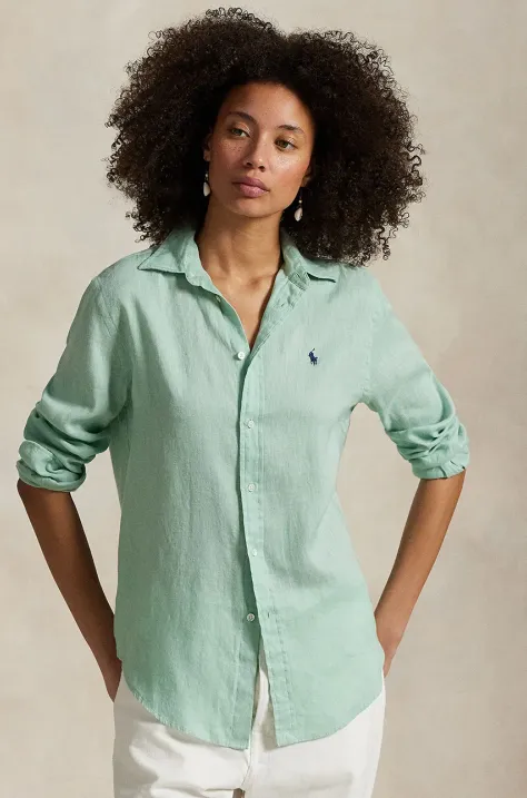 Ľanová košeľa Polo Ralph Lauren zelená farba, regular, s klasickým golierom, 211970730