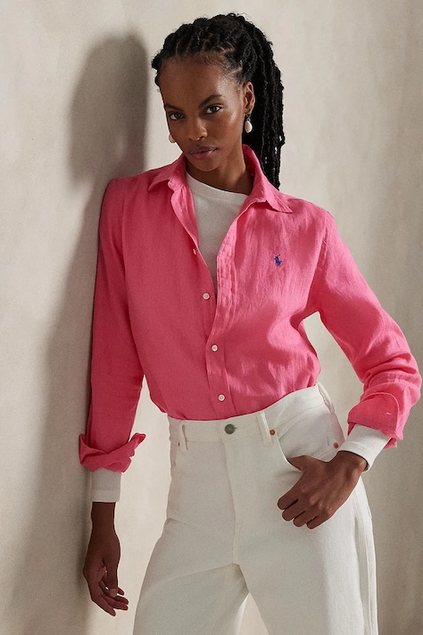 Πουκάμισο από λινό Polo Ralph Lauren χρώμα: ροζ, 211970730
