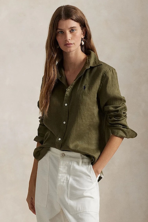 Lněná košile Polo Ralph Lauren zelená barva, regular, s klasickým límcem, 211970730