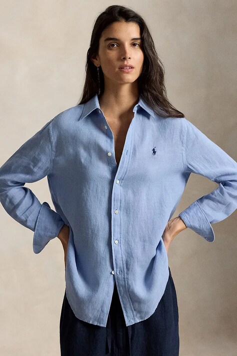 Polo Ralph Lauren koszula damska lniana niebieska gładka 211970730