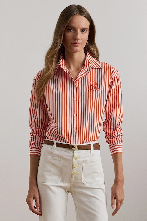Lauren Ralph Lauren camasa din bumbac femei, culoarea portocaliu, cu guler clasic, relaxed, 200957334