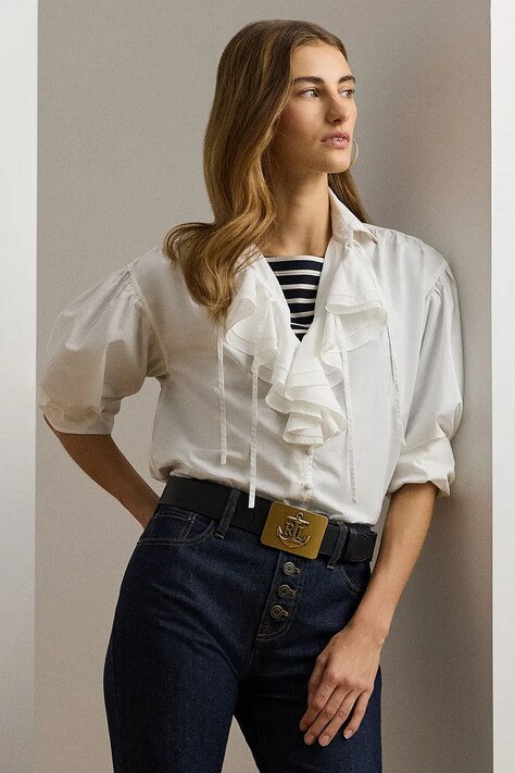 Lauren Ralph Lauren camasa din bumbac femei, culoarea alb, cu guler clasic, relaxed, 200962682
