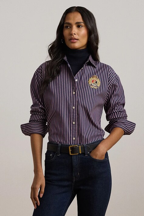 Lauren Ralph Lauren camasa din bumbac femei, culoarea albastru marin, cu guler clasic, relaxed, 200962944