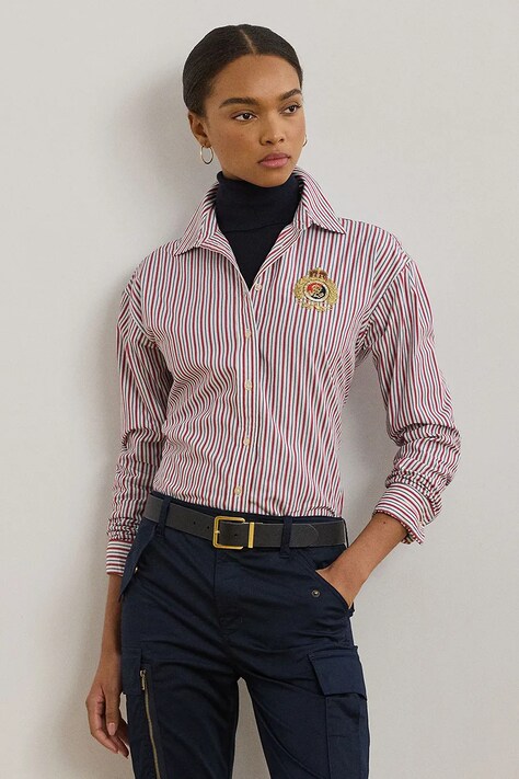 Pamučna košulja Lauren Ralph Lauren za žene, boja: tamno plava, relaxed, s klasičnim ovratnikom, 200962945