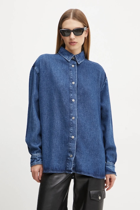 Won Hundred camasa femei, culoarea albastru marin, cu guler clasic, relaxed, 3617-15162