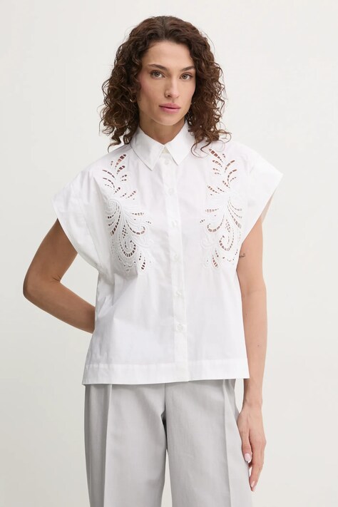Twinset camasa din bumbac femei, culoarea alb, cu guler clasic, relaxed, 251TP2171