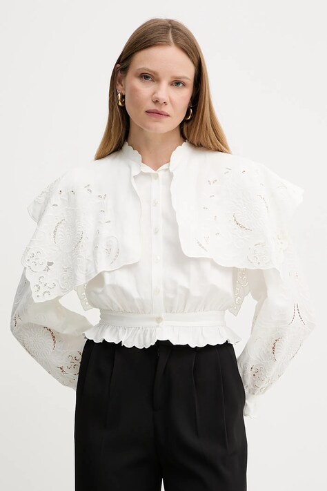 Twinset cămașă de in culoarea alb, cu guler stand-up, regular, 251TS2112