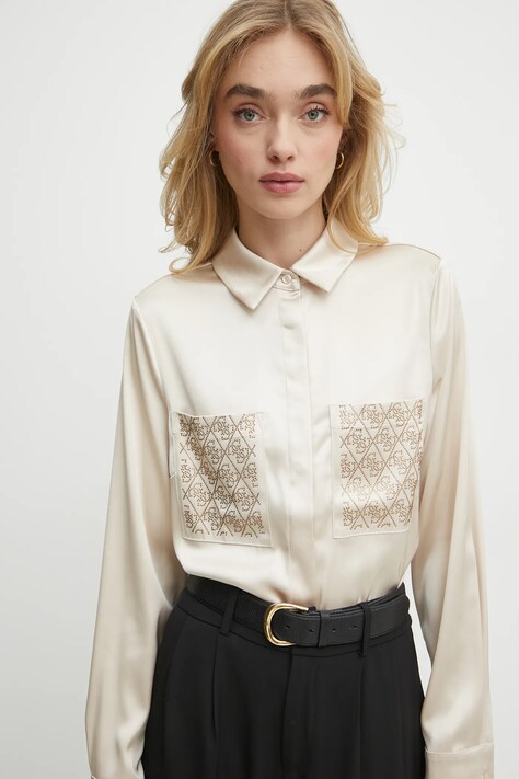 Guess cămașă MARGUERITE femei, culoarea bej, cu guler clasic, regular, W5RH40 WFQC2