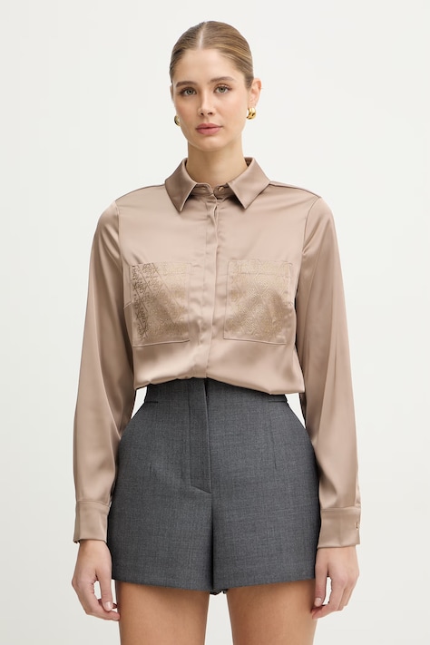 Košeľa Guess MARGUERITE béžová farba, regular, s klasickým golierom, W5RH40 WFQC2