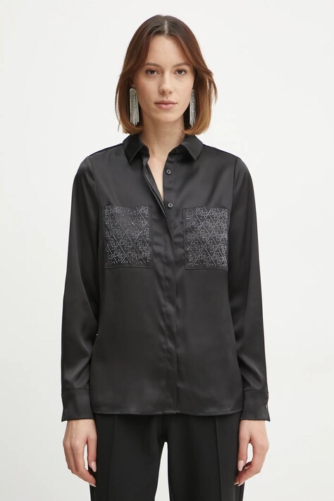 Guess cămașă MARGUERITE femei, culoarea negru, cu guler clasic, regular, W5RH40 WFQC2