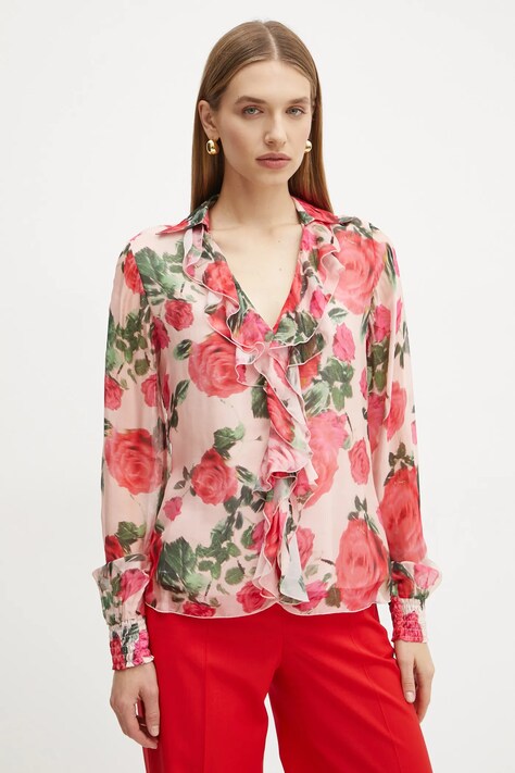 Guess bluză din amestec de matase SOAVE culoarea roz, cu imprimeu, W5RH55 WE550