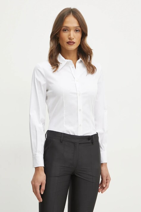 Риза Luisa Spagnoli дамска в бяло с кройка по тялото с класическа яка 541911