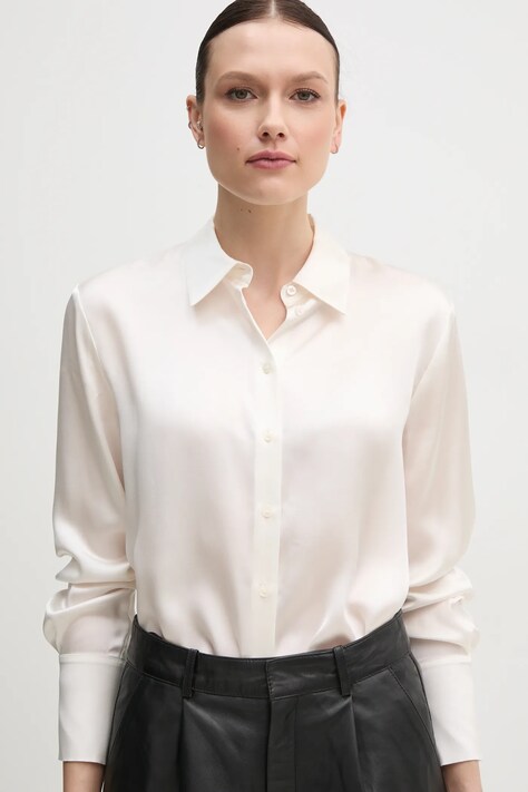 Sisley camasa de matase culoarea bej, cu guler clasic, regular, 5LZMLQ05E